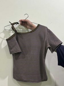 Brown &amp; Lavender Striped Off-Shoulder Top