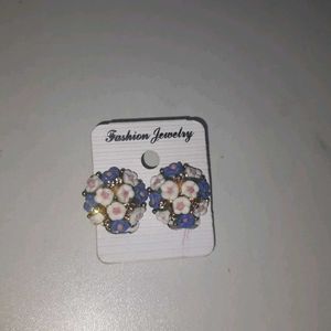 Blue & White Flower Studs With Golden Stones Work