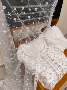 Elegant White Kurta Set With Pants &amp; Dupatta