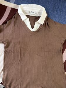 Gia Brown Ribbed Collar Top
