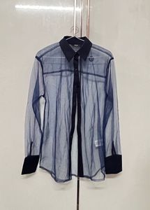 SHEIN Navy Blue Sheer Button-Down Shirt