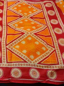 Orange &amp; Red Pure Cotton Saree With Blouse