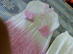 Pink &amp; White Embroidered Kurti Set