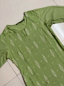 Green Printed Cotton Kurta With Pocket