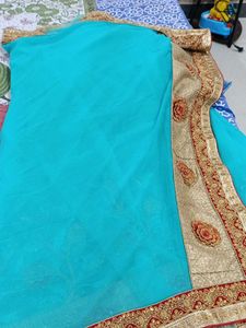 Teal Blue &amp; Gold Embellished Saree