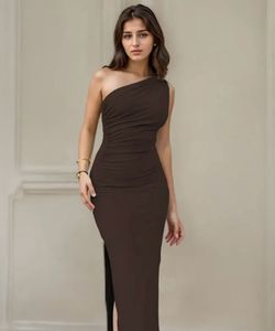 Elegant Brown One-Shoulder Dress