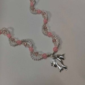 Pink Beaded Bow Necklace