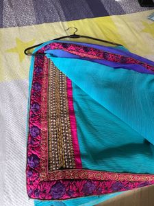 Blue &amp; Teal Embroidered Saree