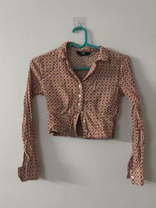 Printed Lapel Collar Crop Shirt