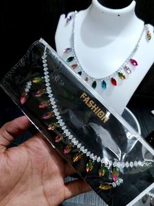 Glass Stone Chain Necklace With Earring 🥰✨