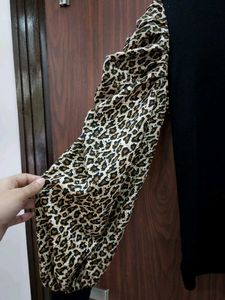 Black Top with Leopard Print Puff Sleeves