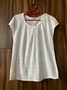 White Textured Cotton Short Sleeve Top for Women