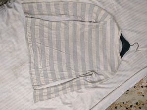 Gray And White Striped Long Sleeve Top
