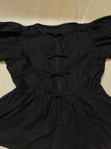 Black Puff Sleeve Tie Front Top| Korean Top