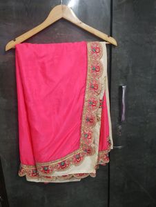 Beautiful Pink &amp; Cream Color Saree With Blouse