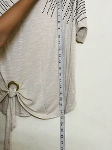 Beige Embellished Tie-Front Tee