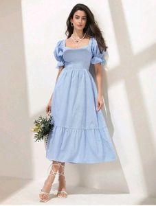 With Tag Blue Puff Sleeve Midi Dress