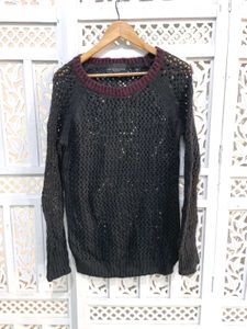 Black Knit Pullover With Burgandy Trim A