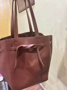 Brown Leather Tote Office Bag With Pouch
