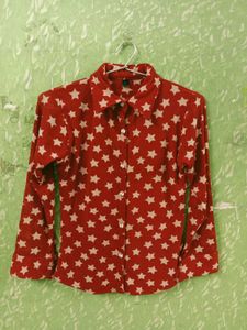 Red Star Print Button Down Shirt Top