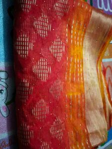 Orange &amp; Red Embellished Saree