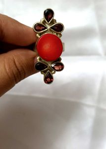 Coral And Garnet  Gemstone Statement Ring