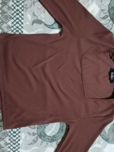 Brown Ribbed Square Neck Top