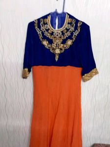 Elegant Blue &amp; Orange Ethnic Gown