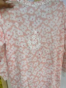 Peach Floral Printed Chikankari Embroidered Kurta