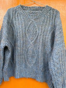 Blue Cropped Sweater With Yellow Threads