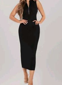 Sleek Black Zip-Front Midi Dress
