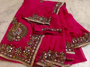 Pink  Mirror Work Saree With Blouse