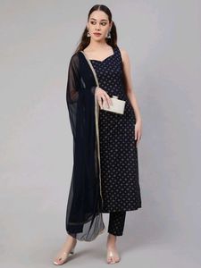 Women Navy Blue Ethnic Print Sleeveless Kurta Set