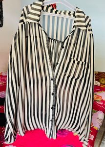 Black And Cream Vertical Striped Sheer Shirt