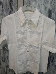 White Colored Shirt With Net Work On Front Sleeves