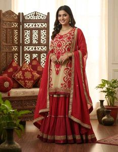 Elegant Red Embroidered Kurta skirt  Set