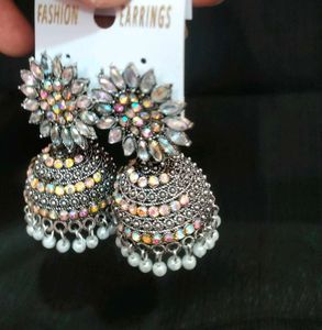 White kundan work Oxidised jhumka