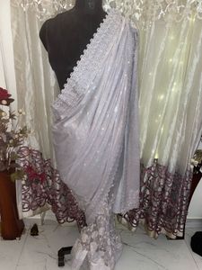 Elegant Grey Embroidered Saree