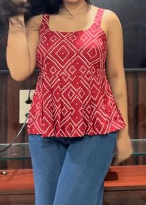 Red & White Printed Peplum Tank