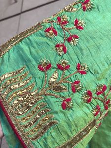 Green And Red Embroidered Tissue Saree