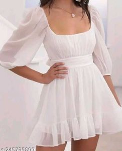 White Mini Dress - Puff Sleeves &amp; Back Bow Detail