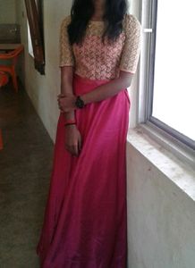 Maroon Satine Long Gown With Golden Net.