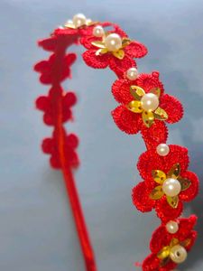 Handmade Red Floral Pearl Headband