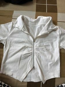 White Ruched Zip-Up Crop Top