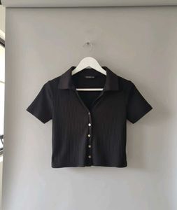 Black Ribbed Button-Up Top