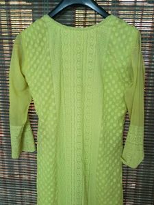 Lime Green Chickenkari long Kurti