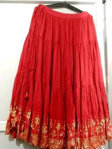 Red Cotton Skirt With Border In Bottom Pure Cotton Fabric With Inner Cotton Lining