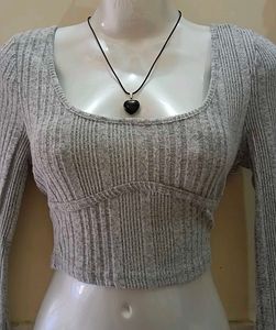 Grey Ribbed Pullover Top