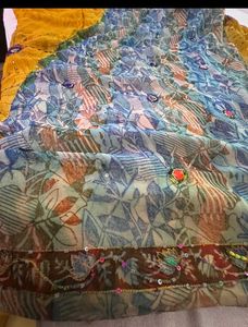 Beaded Dual-tone Saree In Mustard And Teal