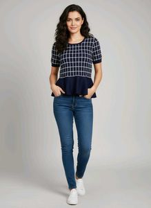 Stylish Navy & White Peplum Top